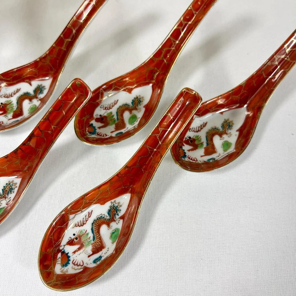 Vintage Japanese Porcelain Dragon Soup Spoons | Set of 5